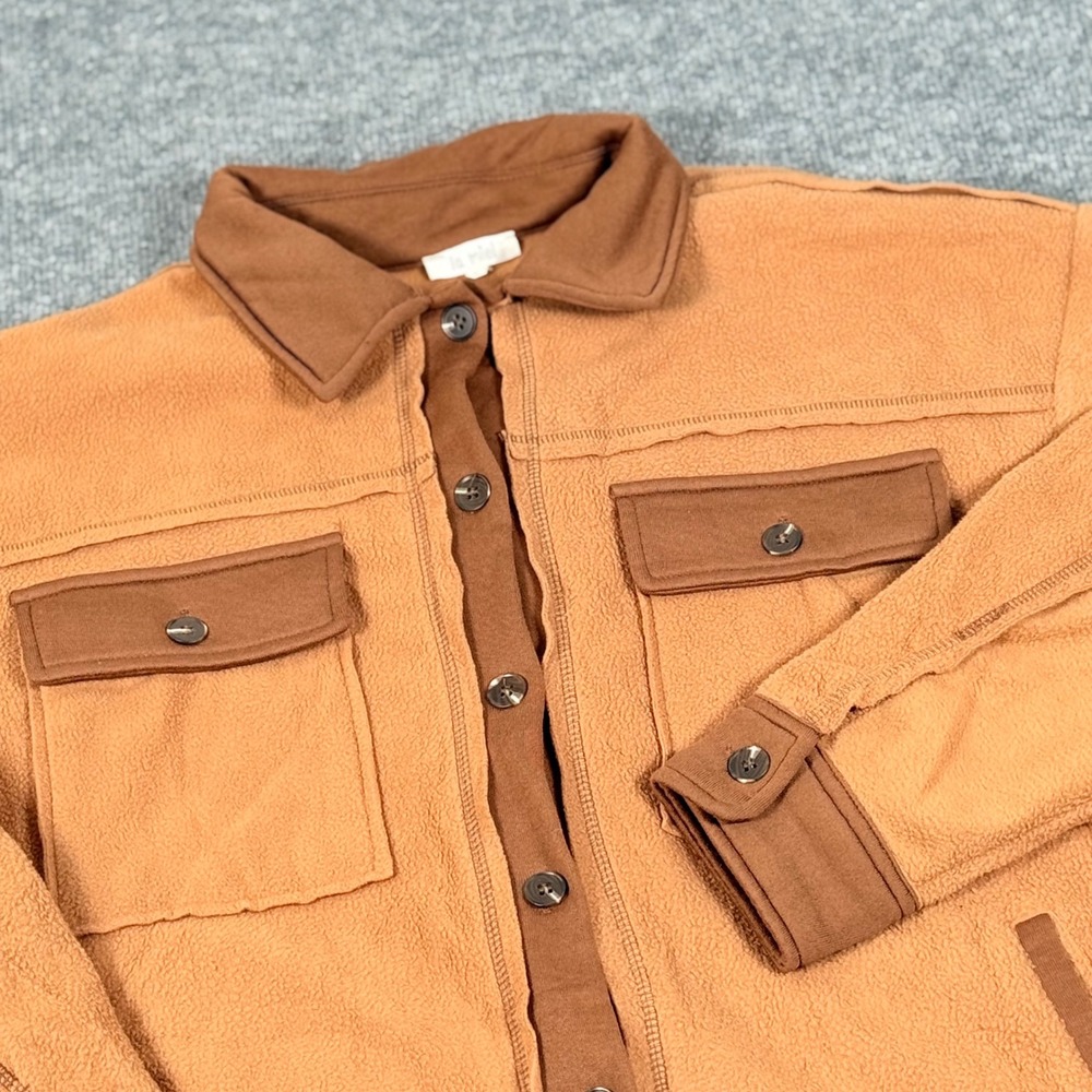 Oversized Small Fleece Shirt Jacket Button Up Shacket Brown Elbow Patch Pockets